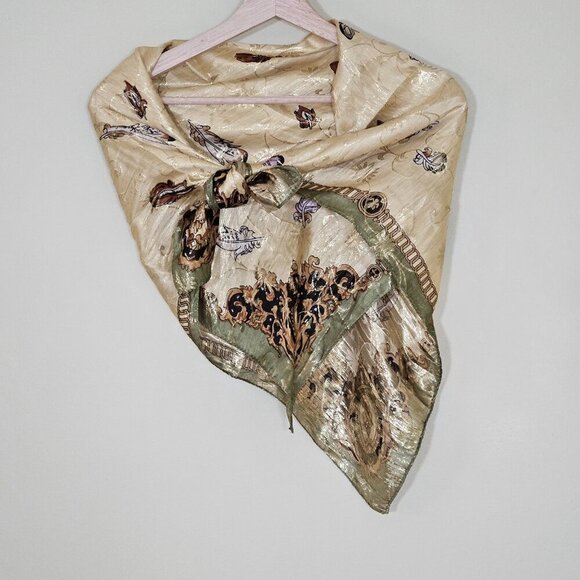 Unbranded Silk Scarf Womens 31 x 32 Inches Multicolor Gold Floral Feathers Print - Picture 14 of 15